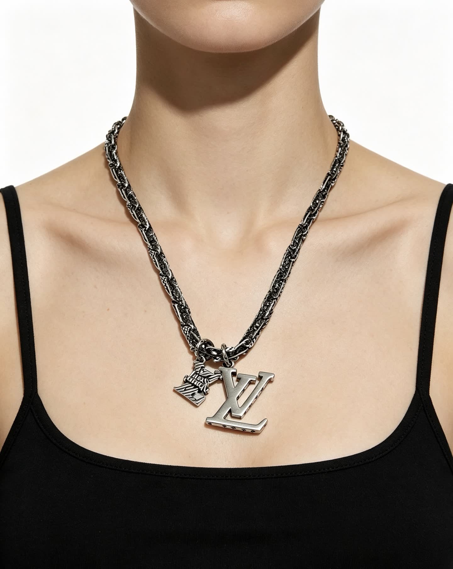 Louis Vuitton Silver Chain Necklace with LV Charms